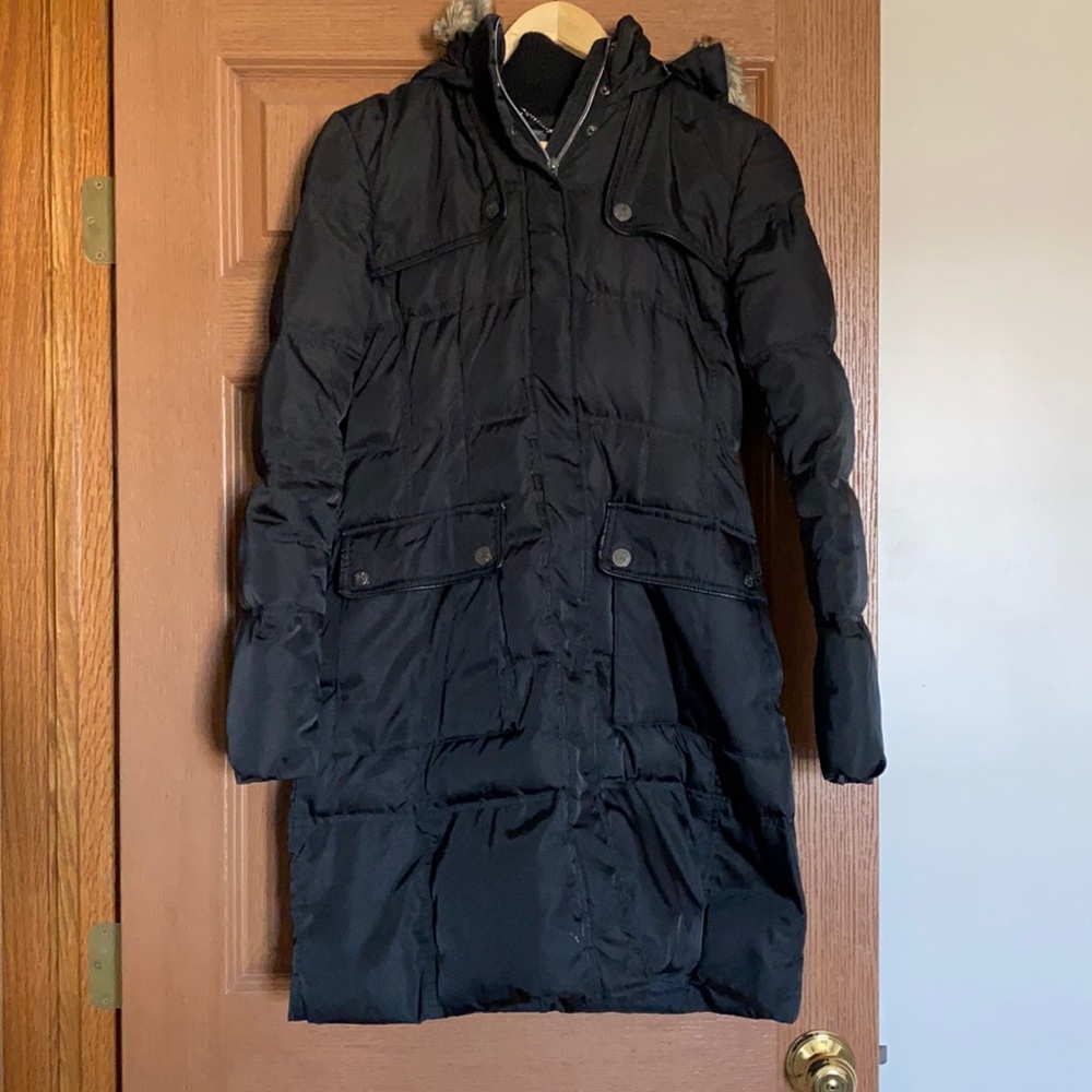 Vince Camuto knee length coat w/ faux fur hood